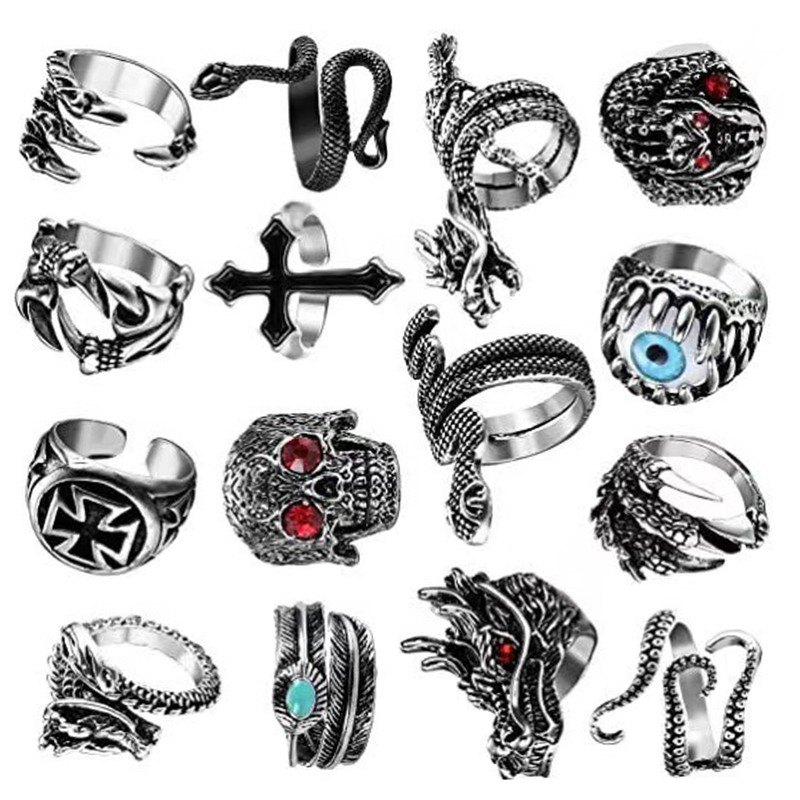 15pcs Rings Set Vintage Snake Skull Shaped Adjust Opening Alloy