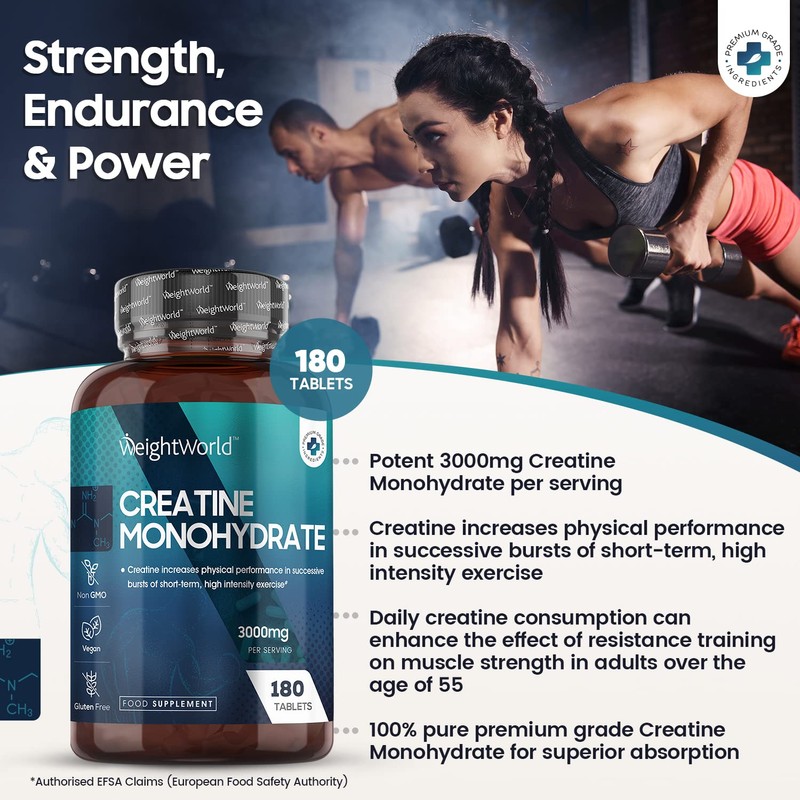 Creatine Monohydrate Tablets 3000mg - 180 Creatine Tablets - Gym