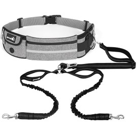 Pecute Dog Leash Hands Free 2 Dogs, Waist Belt Fanny Pack with Soft Padded, Dual Leash with Pouch, Two Handles, Durable Bungee, Dog Seat Belt, Running Walking Hiking Biking