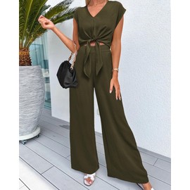 PRETTYGARDEN Vacation Outfits For Women 2025 Solid Color Cute 2 Piece Long Pant Sets Dressy Work Business Officce Outfit(Solid Army Green,X-Large)