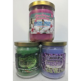 Smoke Odor Exterminator 13 oz Jar Candles Pine Island Jasmine, Assortment (3) includes Pine Island Jasmine, Forest Walk and Lavender with chamomile.
