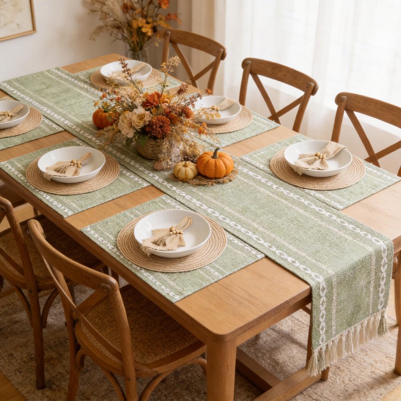 Boho Table Runner and Placemats Set of 6, Modern Farmhouse
