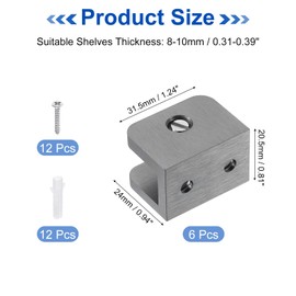 sourcing map 6Pcs Glass Shelf Bracket, Adjustable Solid Brass Glass Shelf Bracket, Wall Mount Glass Shelf Holder Fixture Glass Clip for 8-10mm(0.31"-0.39"), Black