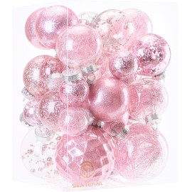 Sea Team Multi-Size Shatterproof Clear Plastic Christmas Tree Ball Ornaments Set, Decorative Hanging Transparent Xmas Baubles with Stuffed Delicate Decorations (32 Counts, Pink)
