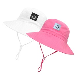 Baby Sun Hat Smiling Face UPF 50+ Beach Toddler Bucket Hat for Baby Boys and Girls, Toddler Kids Wide Brim Sun Hats Cap (US, Age, 0 Months, 6 Months, White+Rose)