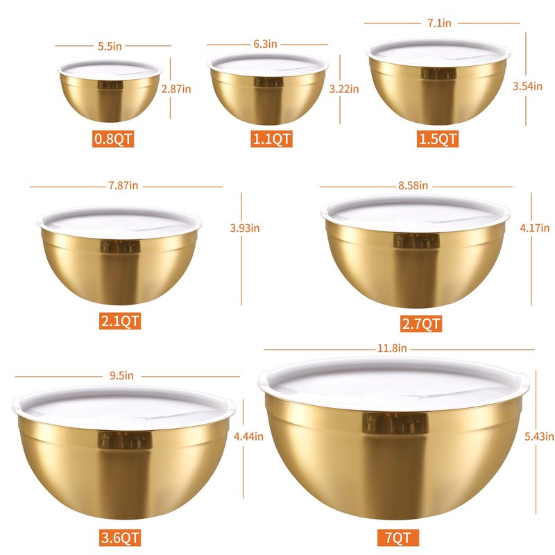 Moxinox Gold Mixing Bowls with Airtight Lids, Stainless Steel Nesting