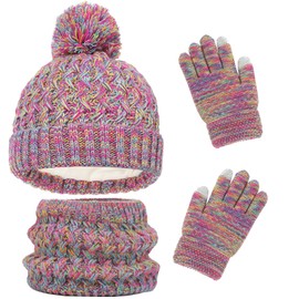 AWAVM Kids Winter Hat Scarf and Gloves Set, 3pcs Knitted Warmth Crochet Thick Fluffy Scarf Pom Bobble Hat Two Fingers Touch Screen Gloves Set for Boys and Girls 2-8 (Iridescent)