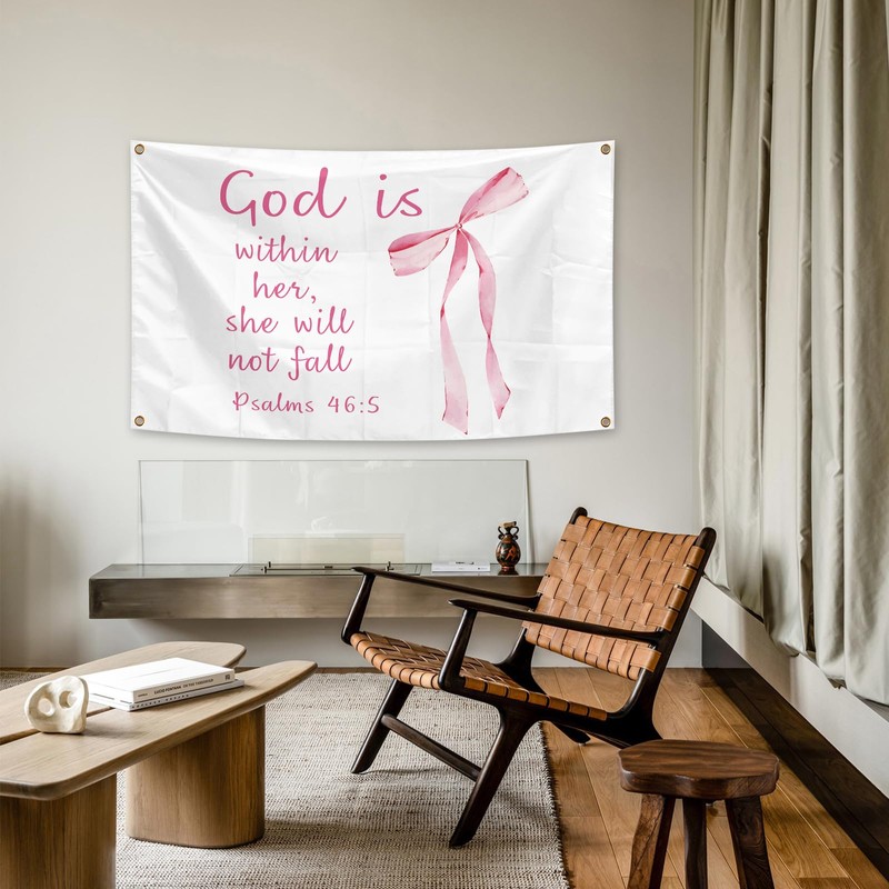 Pink Bow Flag Christian Tapestry 3×5 FT Banner God is