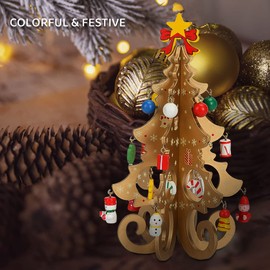 2 Pieces 7.5 Inch Wooden Mini Christmas Tree Miniature Tabletop Small Christmas Tree, 3D Xmas Tree with Mini Ornaments Wooden Pine Tree for Xmas Holiday Party Home Desktop Decoration (Gold)