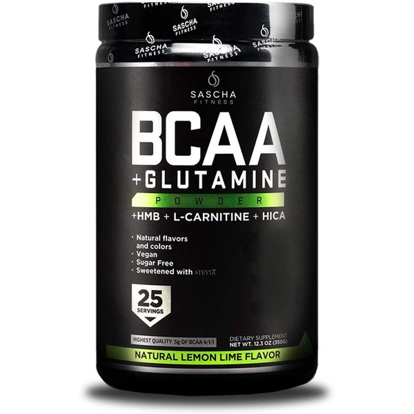 Sascha Fitness BCAA 4:1:1 + Glutamine,HMB,L-Carnitine,HICA | Powerful and Instant Powder Blend with Branched Chain Amino Acids (BCAAs) for Pre, Intra and Post-Workout | Natural Lemon Lime Flavor,350g
