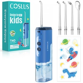 COSLUS Portable Water Flosser for Kids: 4 Gentle Modes for Ages 6+, Braces & Sensitive Teeth - with Fun DIY Stickers, 4 Storable Nozzles, Mini Compact for Home School & Travel Use, BPA-Free, Blue