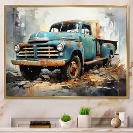 Pickup Truck framed wall Art, Vintage Charm of a Pickup Truck, pickup truck framed wall art decor, Teal Modern Gold framed wall art, 44x34 inches Gold Frame