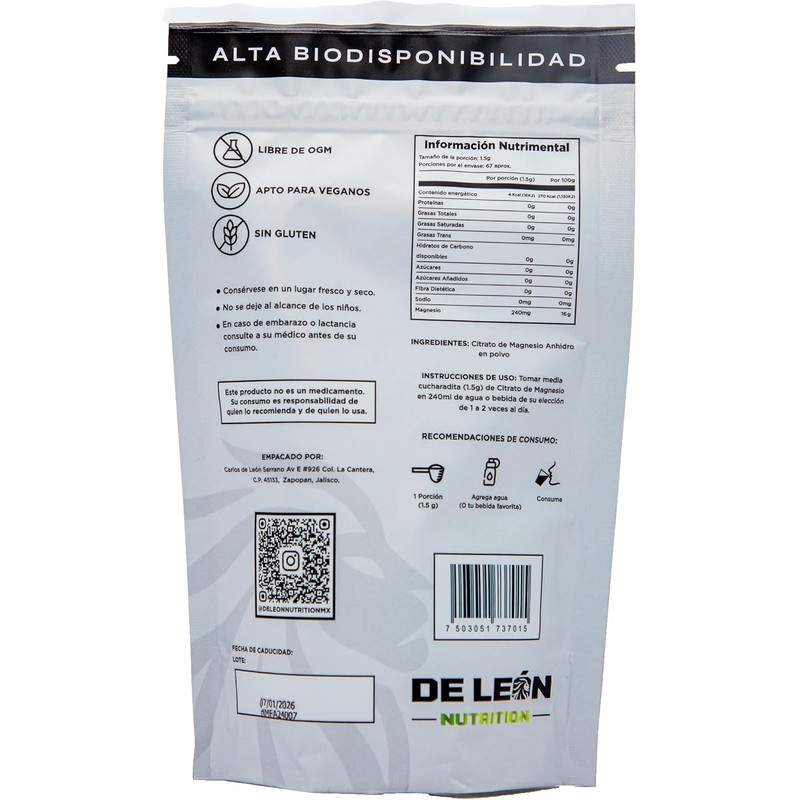 Citrato de Magnesio puro calidad Premium en Polvo 100g. Alta