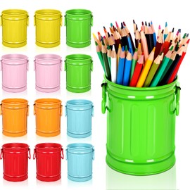 Sherr 12 Pack Metal Pen Holder Bulk, Colorful Pencil Holder Cup with Handle Pencil Bucket Marker Pen Makeup Brush Organizer Desk Storage Container for Office Supplies