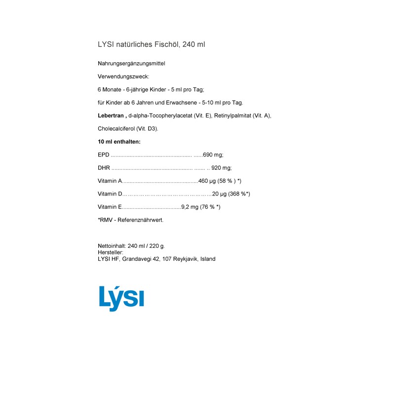 Lysi Icelandic Fish Cod Liver Oil 240 Milligram Liquid Natural