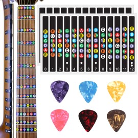 2Pcs Self Adhesive Guitar Fingerboard Stickers with 6Pcs Guitar Picks, Two Thicknesses Guitar Picks(0.46 0.71mm), Color Coded Note Decals Fingerboard Frets - Best Guitar learning Tools for Beginner