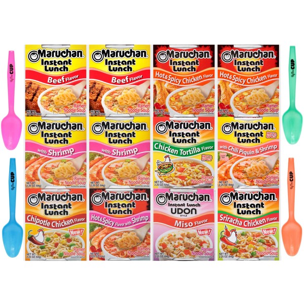Maruchan Ramen Instant Lunch - 9 flavor Variety 12 pack 2.25 oz each - with Limited Edition By The Cup Spoons