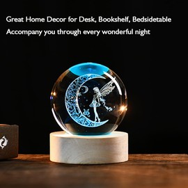 ZRENJHUS Moon Fairy Crystal Ball Decorative Ball 60mm Fairy Glass Sphere Decor 3D Dreamy Engraving Gifts for Girls Women Fairy Lovers Wedding Gift with Light Base