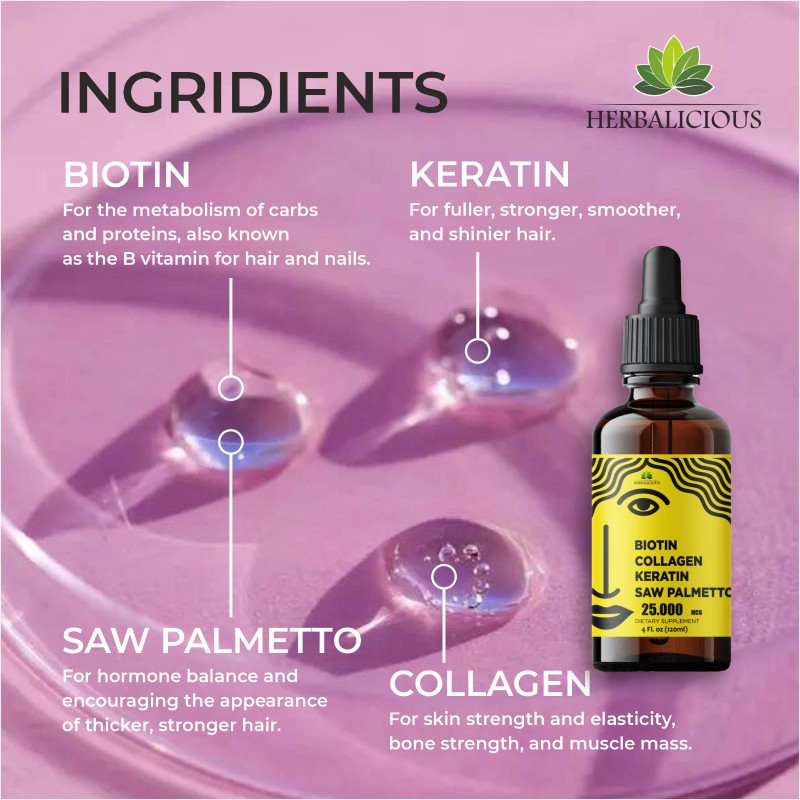 HERBALICIOUS Liquid Biotin Collagen Keratin 4fl oz Formula Hair Skin