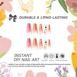 Fall Press on Nails Long Coffin MABKJLF Fake Nails Red Gradient Full Cover Maple Leaf Sequins False Nails with Designs Gold Foil Glossy Glue on Nails Acrylic Artificial Nails for Women Girls 24Pcs
