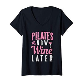 Donna Funny Pilates Now Wine Later Gym Beverage Maglietta con Collo a V