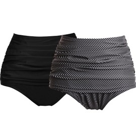 COCOPEAR - Traje de baño fruncido para mujer, cintura alta, parte inferior de bikini de cobertura completa, parte inferior de bikini con control de abdomen, 1black+black white Plaid, Large