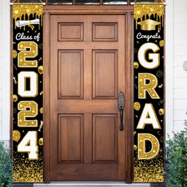 2024 Graduation Party Decorations - Congrats Grad Banner Class of 2024 Congrats GRAD Porch Sign Banner for High School and College Graduation Decorations （Black Gold）
