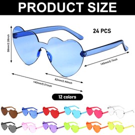 GOMETY Pack of 24 Heart Sunglasses, Rimless Sunglasses, Colour Heart Glasses, Transparent Candy Coloured Heart Glasses, Heart-Shaped Party Glasses, Heart Glasses for Carnival, Beach Party, Christmas