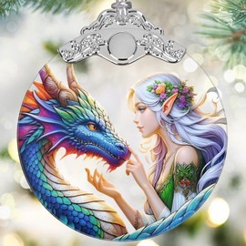 Enchanted Elf & Dragon Ornament - Jocidea Christmas Ornaments - Stained Glass Hanging Decor - Christmas Tree Ornaments - Christmas Decoration - Gifts for Friends, Sisters - Gift Ornament