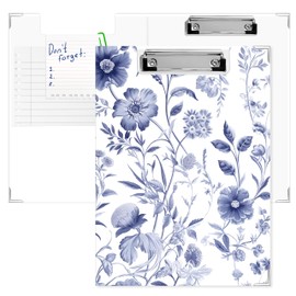 APJYM Chinoiserie Blue Floral Clipboard with Storage for Office Desk, Vintage Blue and White Flowers Padfolio with Clipboard for Nurses Teachers Students Supplies, 12.6 x 9.3 in