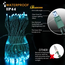 AIDDOMM 100 Counts Aqua LED Christmas Lights – 50ft 5mm Aqua Christmas Lights Outdoor Commercial Grade Waterproof, Indoor Christmas Tree Decorations, Green Wire Mini Aqua String Lights, UL, IP:65