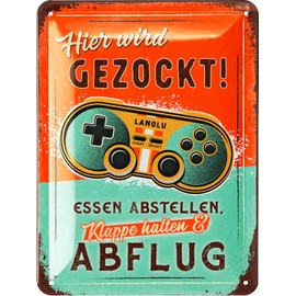 LANOLU Retro Tin Sign Gaming Sign with German Text "Hier wird gezockt" Door Sign Please Do Not Disturb – Gamer Gift – Gaming Zone – Funny Decoration Teenager's Room for Gamers – Metal Sign with