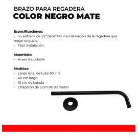 Meer Brazo Para Regadera 50 Cm Negro Mate Alta Calidad Y Chapeton