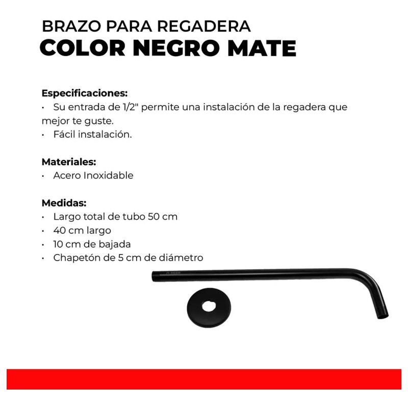 Meer Brazo Para Regadera 50 Cm Negro Mate Alta Calidad