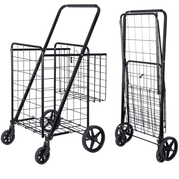 SUPER DEAL Folding Shopping Cart with Wheels and Double Basket for Groceries Laundry Book Luggage Travel, Black