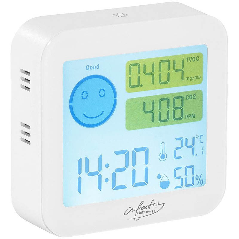 infactory Luftmesser: 2er-Set TVOC- & CO2-Messgeräte mit Uhr, Temperatur, Luftfeuchtigkeit