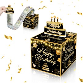 ISOVF Birthday Money Box for Cash Gift, Happy Birthday Money Pull Box & Cash Holder, Black Gold Birthday Money Gift Ideas, Party Decor & Supplies-A05