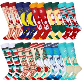 Suhine 10 Pairs Christmas Compression Socks Christmas Long Knee High Socks Christmas Long Socks Holiday Socks for Women Men (Lovely Style)