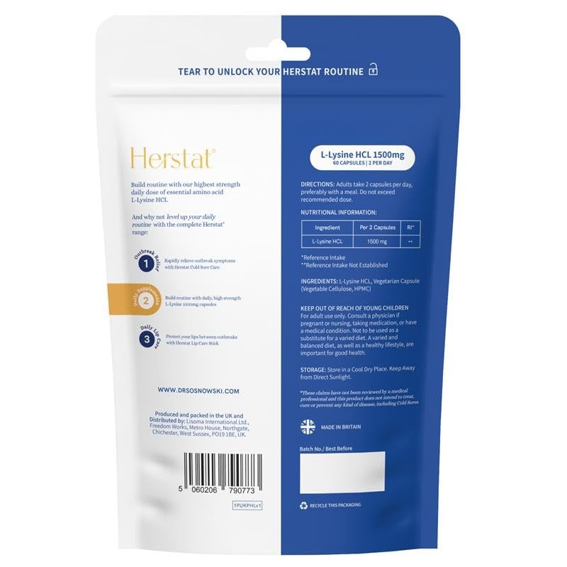 Herstat L-Lysine 1500mg, High Strength Essential Amino Acid Supplement, Portable