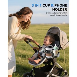 WalkFeel 3-in-1 Universal Wheelchair Cup Holder for Walker, 360° Rotating Phone Holder with 2 Drink Holder for Bike, Rollator, Stroller, Scooter, Seniors, Bicycle, Safe and Stable, Black