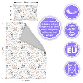 Amilian Children's Bed Linen 100 x 135 cm - Baby Bed Linen 100 x 135 cm - Animals 100% Cotton - Comfortable Envelope - Children's Bed Linen 100 x 135 cm for Baby Cot - Children's Bed Linen Baby