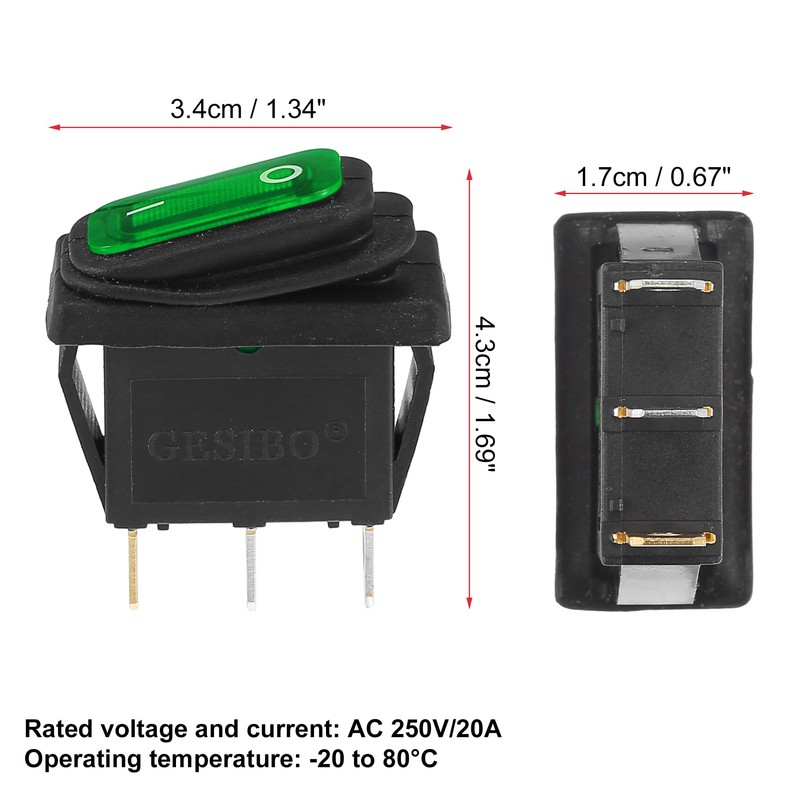 X AUTOHAUX Interior AC 250V/20A LED Rocker Switch On-Off 3