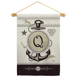Nautical Q Initial Garden Flag Set Wood Dowel Monogram Coastal Anchor Sailor Sea Shells Outdoor Summer Ocean Small Decorative Gift Yard House Banner Made In USA 13 X 18.5