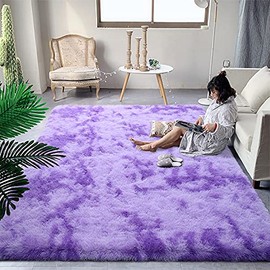 DweIke Super Soft Shaggy Rugs Fluffy Carpets, Tie-Dye Rugs for Living Room Bedroom Girls Kids Room Nursery Home Decor,Non-Slip Machine Washable Carpet ,4x6 Feet Purple