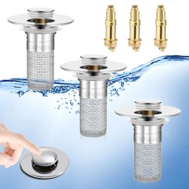 Bathroom Sink Drain Strainer, Pop-Up Bathroom Sink Stopper with Removable Stainless Steel Hair Catcher Basket, Universal Fit for US Bathroom Sinks, Bathtubs, Showers & Floor Drains (3 Pack)