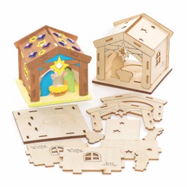 Baker Ross FC206 Nativity Stable Tea Light Holder Craft Set Made of Wood - Pack of 3, Wooden Tea Light Holder for Children for Crafts and Painting, Christmas Craft Sets