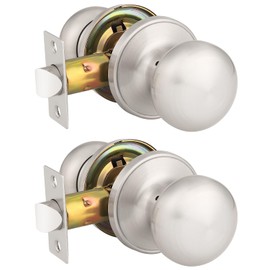 GOBEKOR 2 Pack Passage Door Knob Interior Door Use, Satin Nickel Door Knob Lock for Hall and Closet, Round Ball Door Handle Interior Doorknob, Colonial Door Knob Set, Left and Right Open