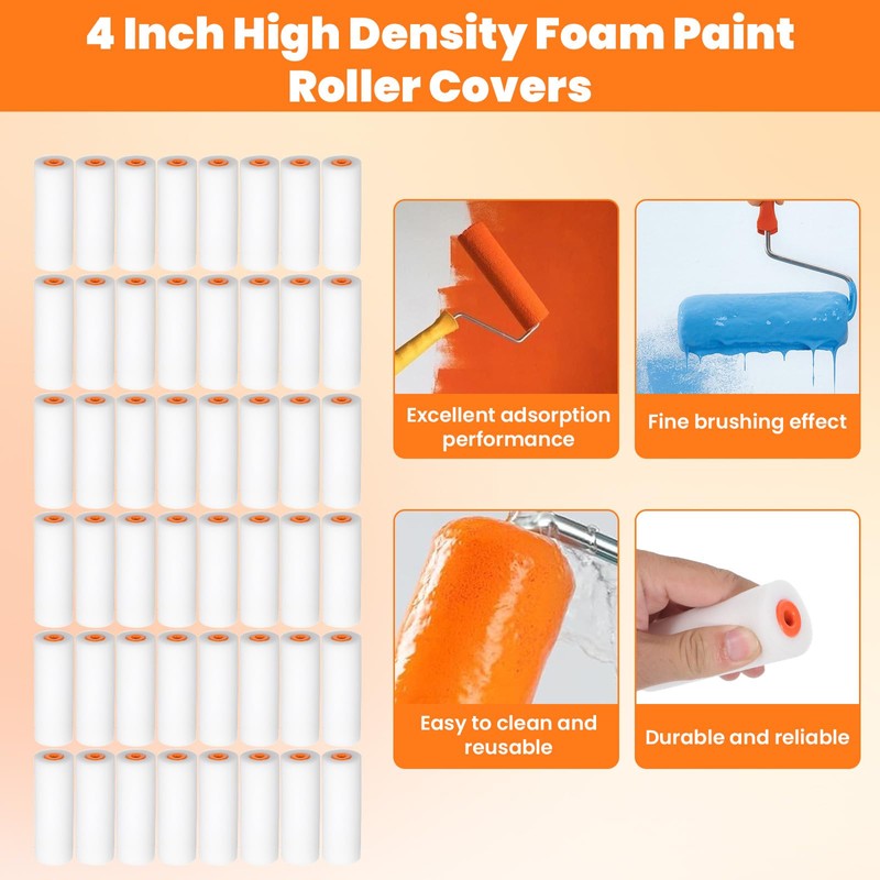 50 Pack 4 Inch Small Foam Paint Rollers, Mini Painting
