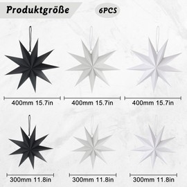 Pack of 6 Paper Stars Christmas Decoration, Paper Star Black White Grey Paper Stars for Hanging, 3 x 30 cm + 3 x 45 cm, Folding Stars Christmas Birthday Party Wedding