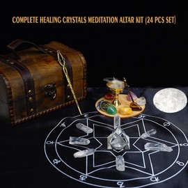 Soulnioi Healing Crystal Stones Set with Box: 7 Chakra Tumbled Stones, 7 White Crystal Sticks, Tarot Cloth, Pyramid Energy Generator, White Crystal for Companion Meditation Spiritual Healing (24 Pieces)